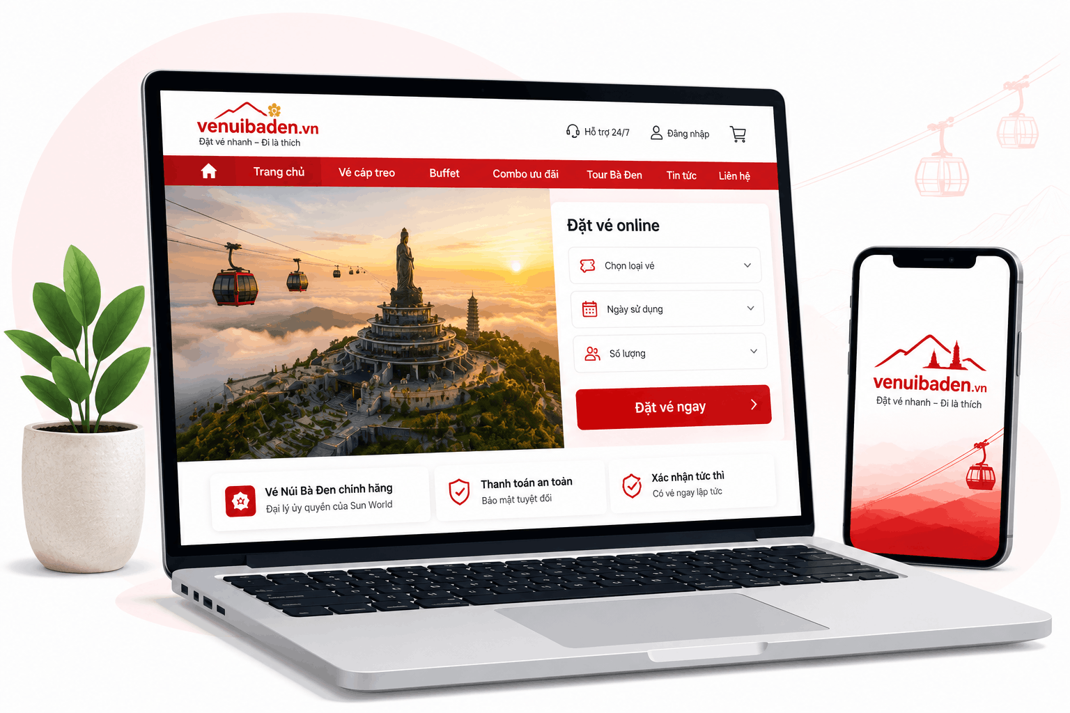 Laptop hiển thị trang đặt vé Núi Bà Đen và điện thoại nhận mã vé
